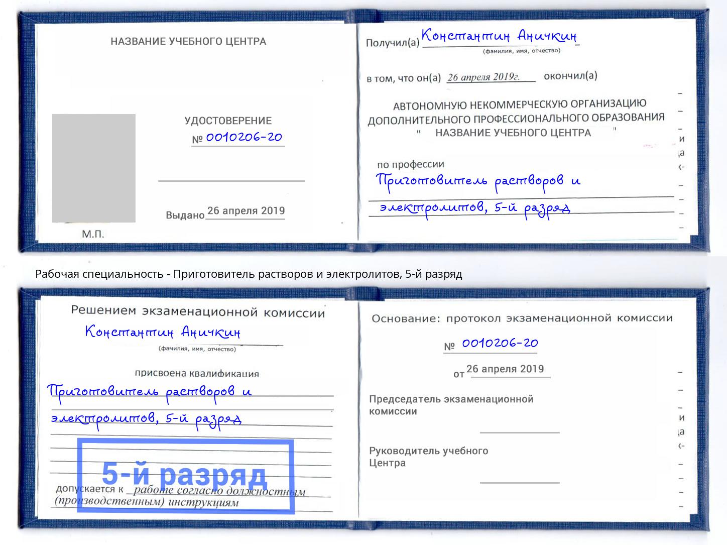 корочка 5-й разряд Приготовитель растворов и электролитов Великие Луки