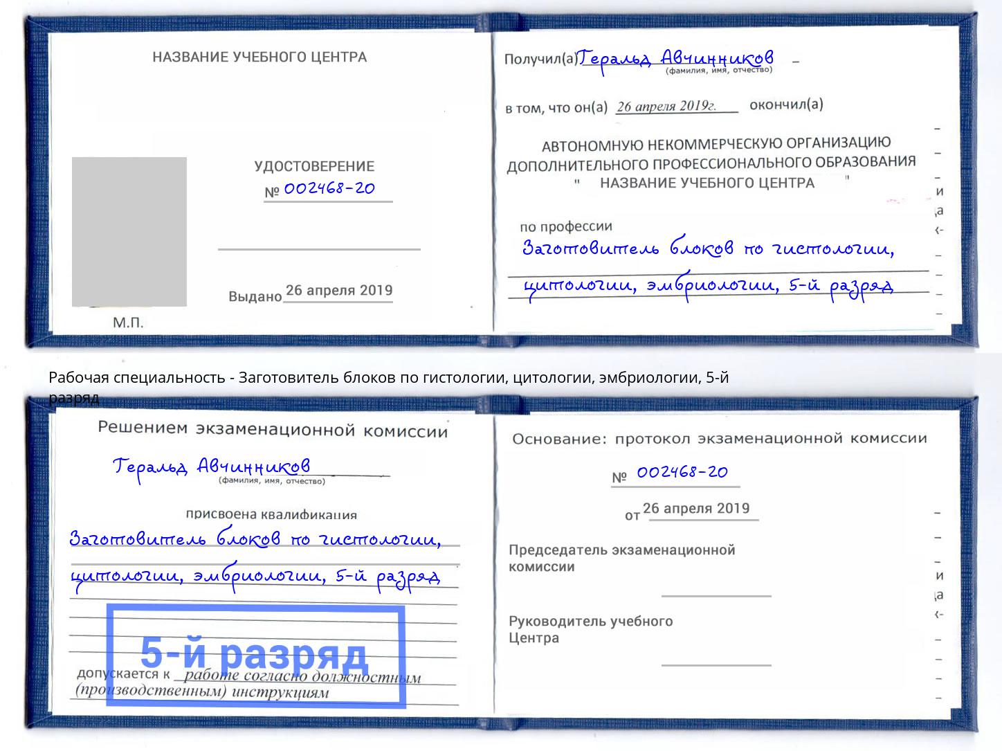 корочка 5-й разряд Заготовитель блоков по гистологии, цитологии, эмбриологии Великие Луки