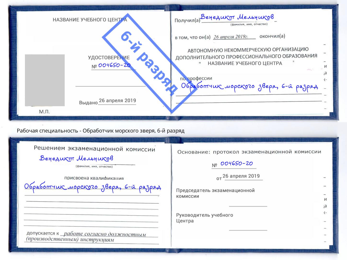 корочка 6-й разряд Обработчик морского зверя Великие Луки