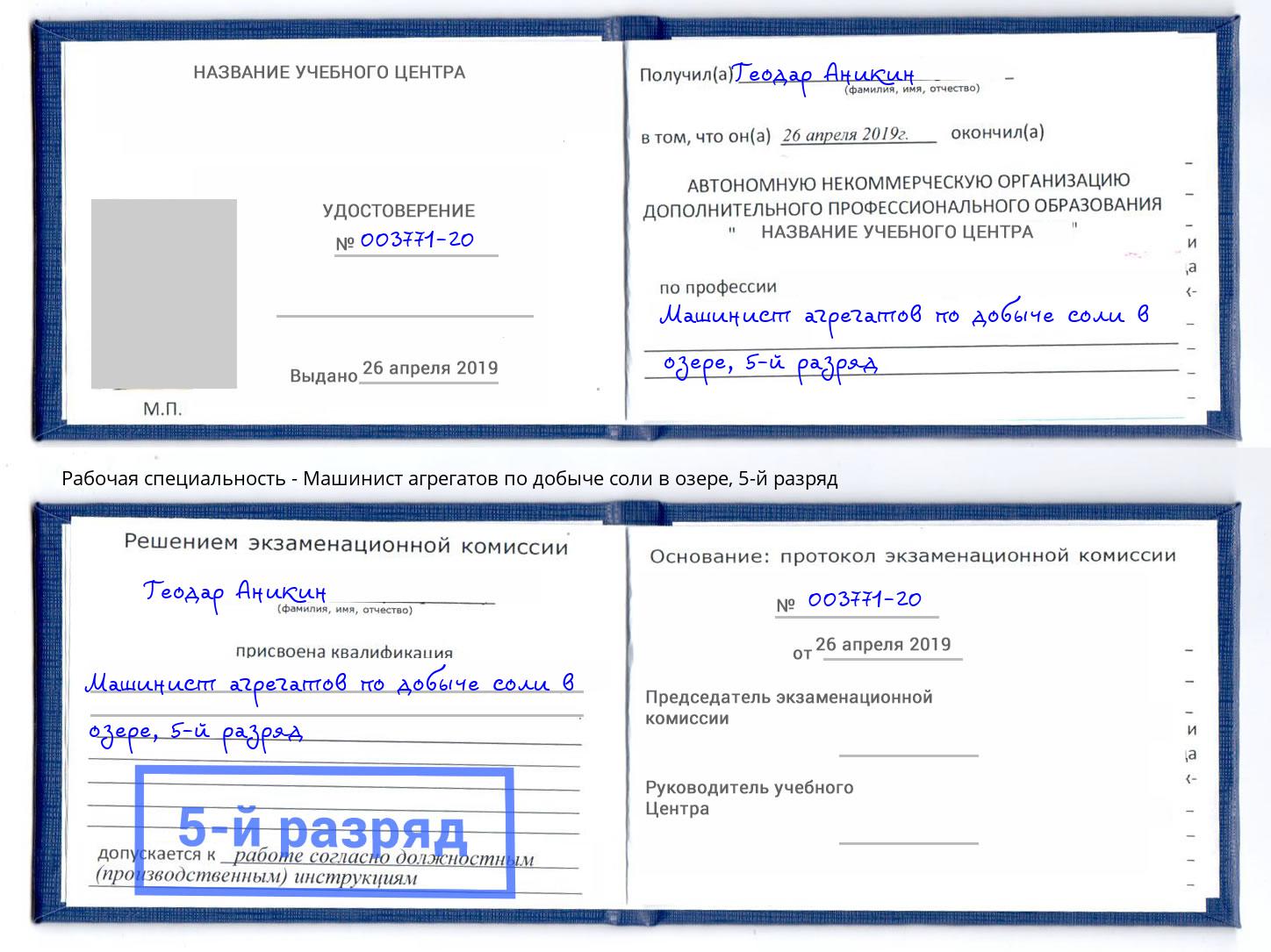 корочка 5-й разряд Машинист агрегатов по добыче соли в озере Великие Луки