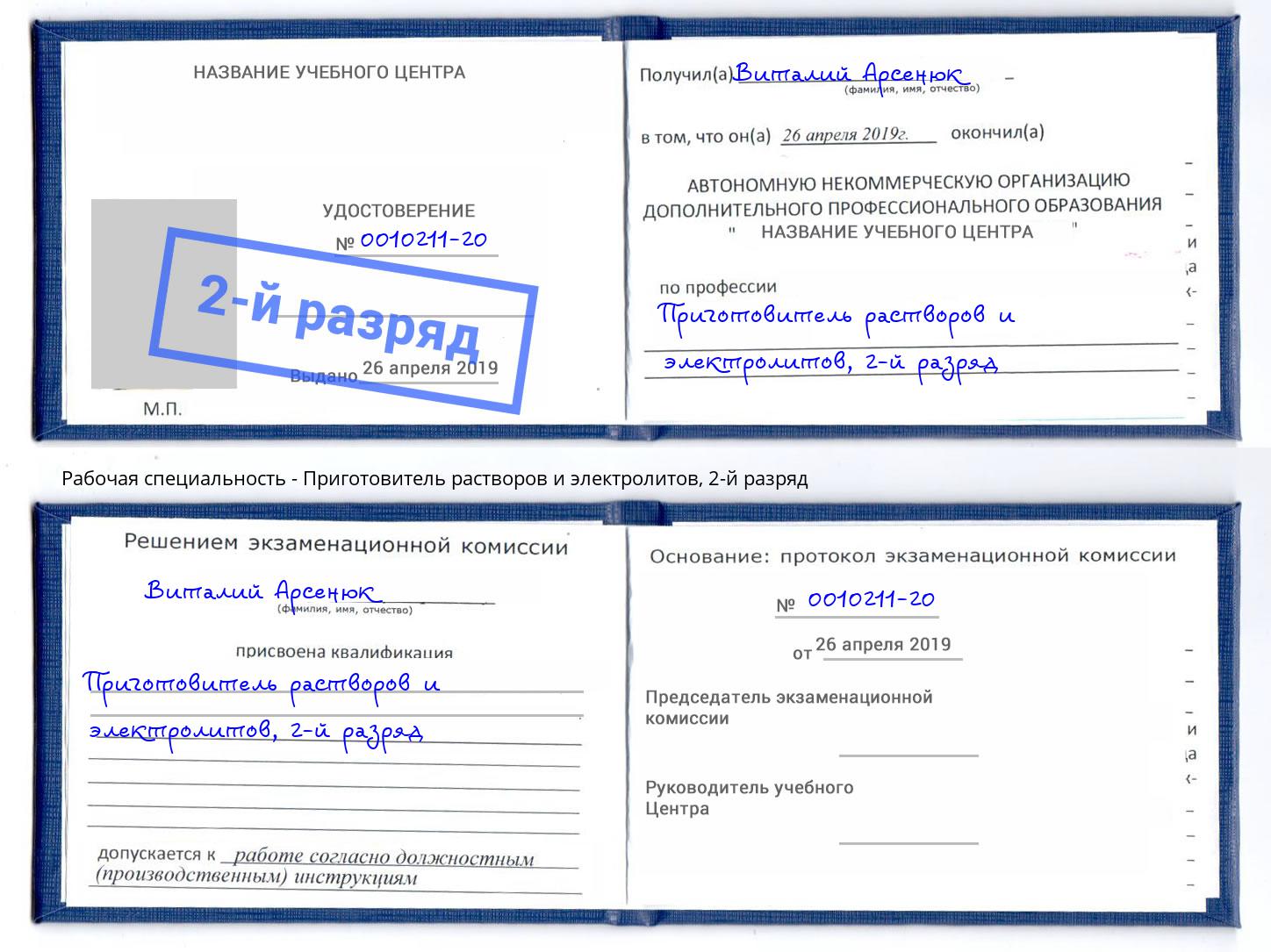 корочка 2-й разряд Приготовитель растворов и электролитов Великие Луки