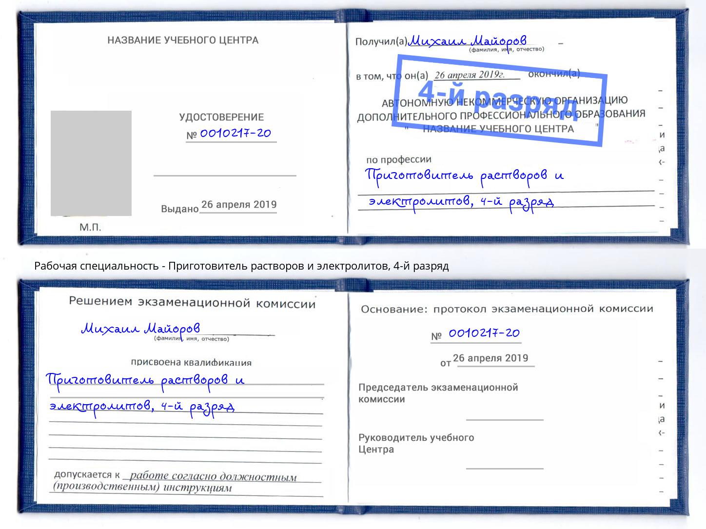 корочка 4-й разряд Приготовитель растворов и электролитов Великие Луки