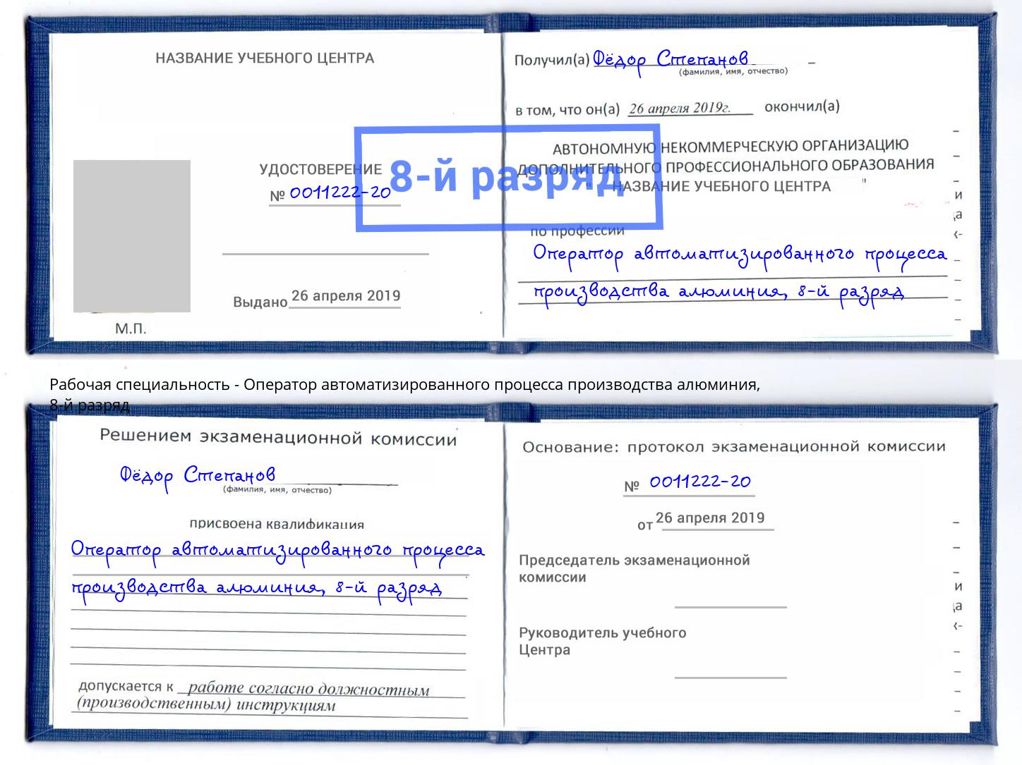 корочка 8-й разряд Оператор автоматизированного процесса производства алюминия Великие Луки