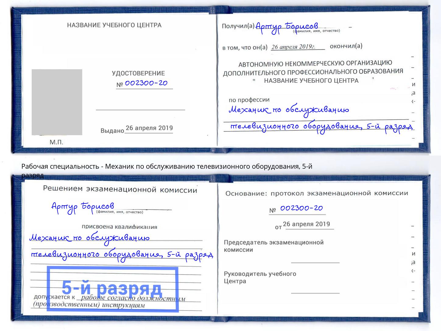 корочка 5-й разряд Механик по обслуживанию телевизионного оборудования Великие Луки