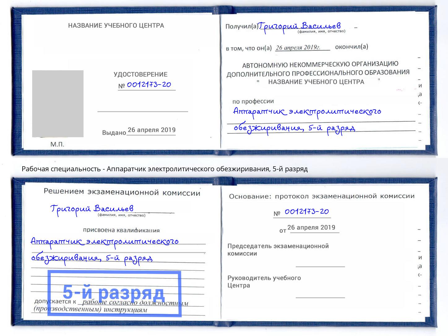 корочка 5-й разряд Аппаратчик электролитического обезжиривания Великие Луки